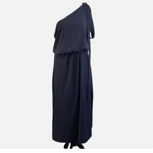 AMYLYNN Woman Navy Blue One Shoulder Satin Midi Dress Size:L